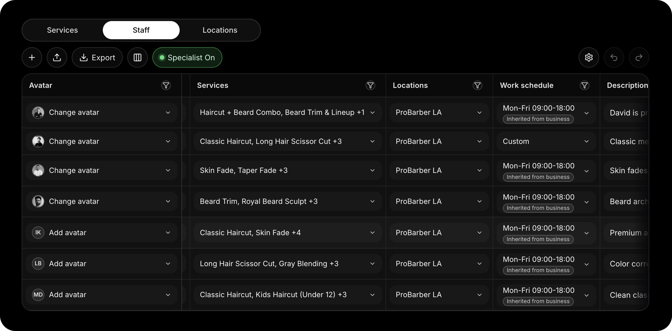 Staff setup dashboard screen