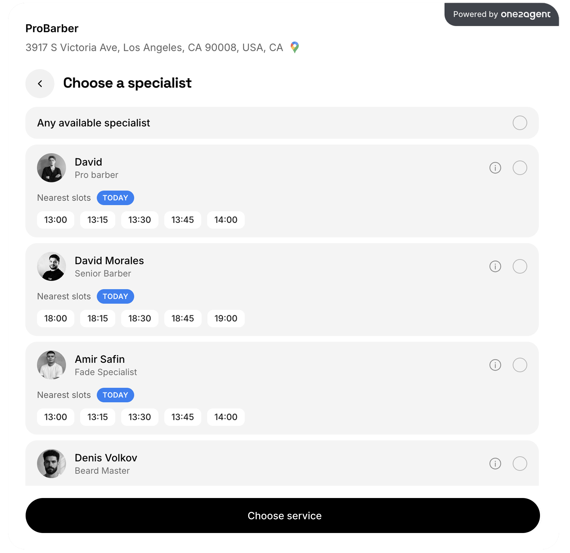 Choose a specialist booking screen